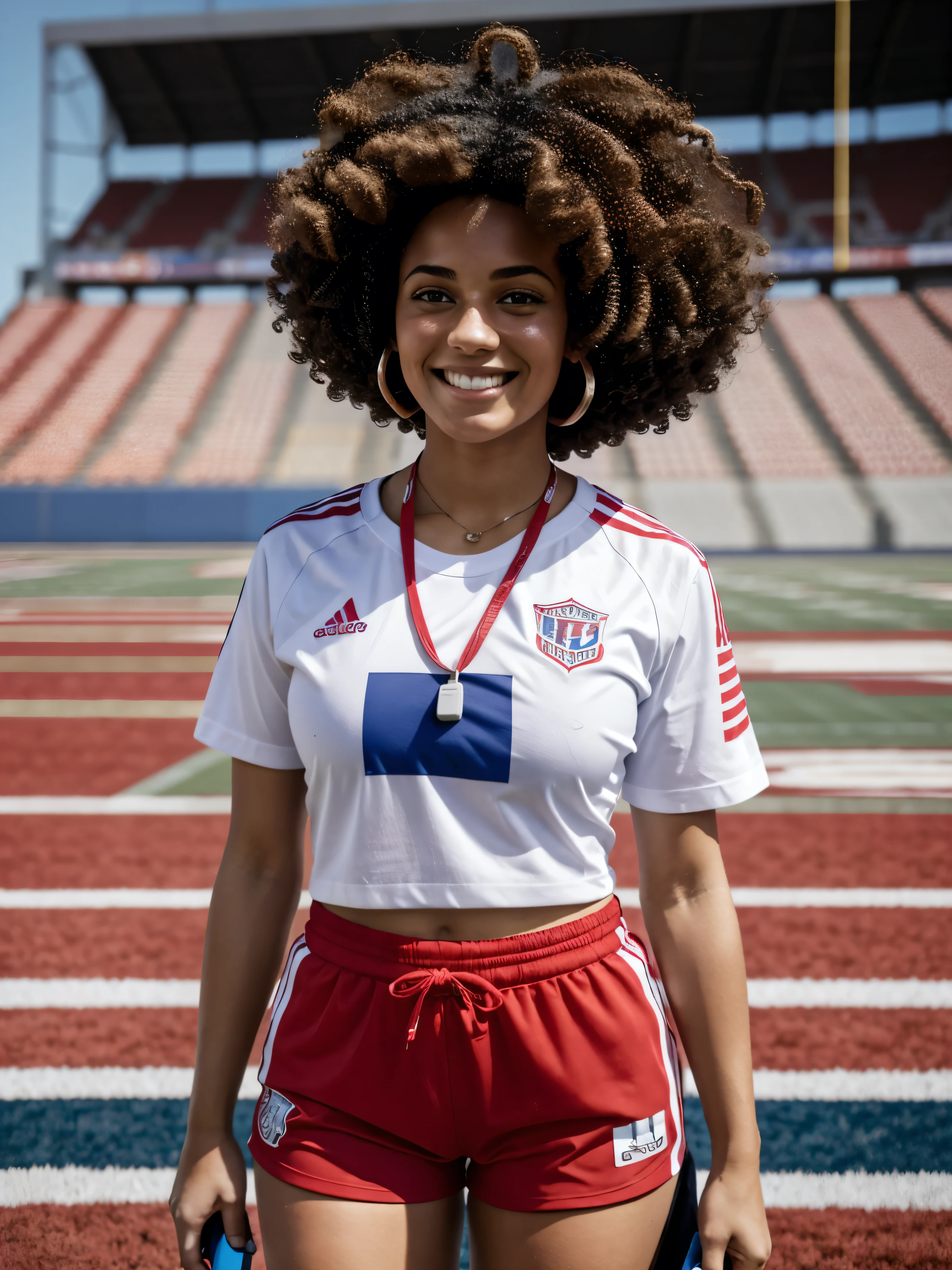 A female football fan wearing a curly wig in three colors: red, white, and blue, standing in the stands of a football stadium. The fan is dressed in a white T-shirt and patterned shorts. Around her neck is a red phone lanyard with a phone attached. She is holding a red noise maker in her right hand, and she has a small flag sticker on her