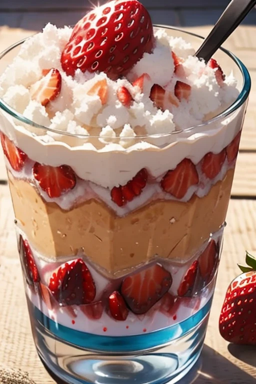 Best quality, solo mature woman, (((strawberry))), (((strawberry parfait))), (((Strawberry shaved ice))), summer, beach, sun