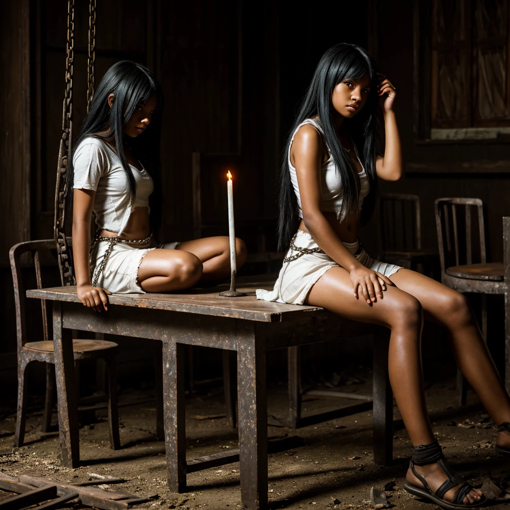 1 girl, dark-skinned anime girl, glowing orange eyes, lowered gaze, tattered white cloth bandages clothing, lots of cast iron chains, sitting at old wooden table, gloomy abandoned temple room, sickle on table, broken chairs, desolate atmosphere, dark moonless night sky, long black ash hair, stylized triangular helmet, holding large sword or weapon, posing in dark scary woods, best quality, 4k, 8k, highres, masterpiece:1.2, ultra-detailed, realistic, photorealistic, photo-realistic:1.37, HDR, UHD, studio lighting, ultra-fine painting, sharp focus, physically-based rendering, extreme detail description, professional, vivid colors, bokeh, dark fantasy, dystopian, horror art, hopeless, loneliness