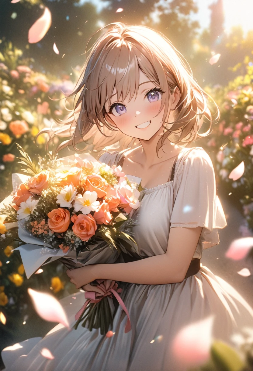 Anime, depth of field, cinematic lighting, lens flare, f/1.2, (Masterpiece: 1.2), (high resolution), flower garden, girl with a bouquet, smile of joy, dancing petals, light effects, emotion photo, full of kindness, (bouquet for you), masterpiece, highest quality, highly detailed CG Unity 8k wallpaper,