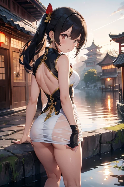 best quality,official art,Extremely detailed CG unified 8k wallpaper, (Wide-angle lens),1 girl, (Meiyu Edelfeldt),,black hair,brown eyes,seductive smile,National Science Foundation, barefoot, see through dress, Butterfly, Butterfly hair accessories, backless dress, Chinese clothes,sleeveless, twice as good,Golden dragon pattern,barefoot,full moon,Elbow gloves,Good, hair accessories,jewelry,earrings,Bead Anklet,thin legs,nail polish, medium breasts, alone, toenail polish, toe armor, toe, Double tail,outdoor,Chinese style architecture, Chinese style, lake, ancient town, Beautiful and detailed water,Red Lantern,fireworks,Thick thighs，View from behind,Buttocks visible，White cheongsam