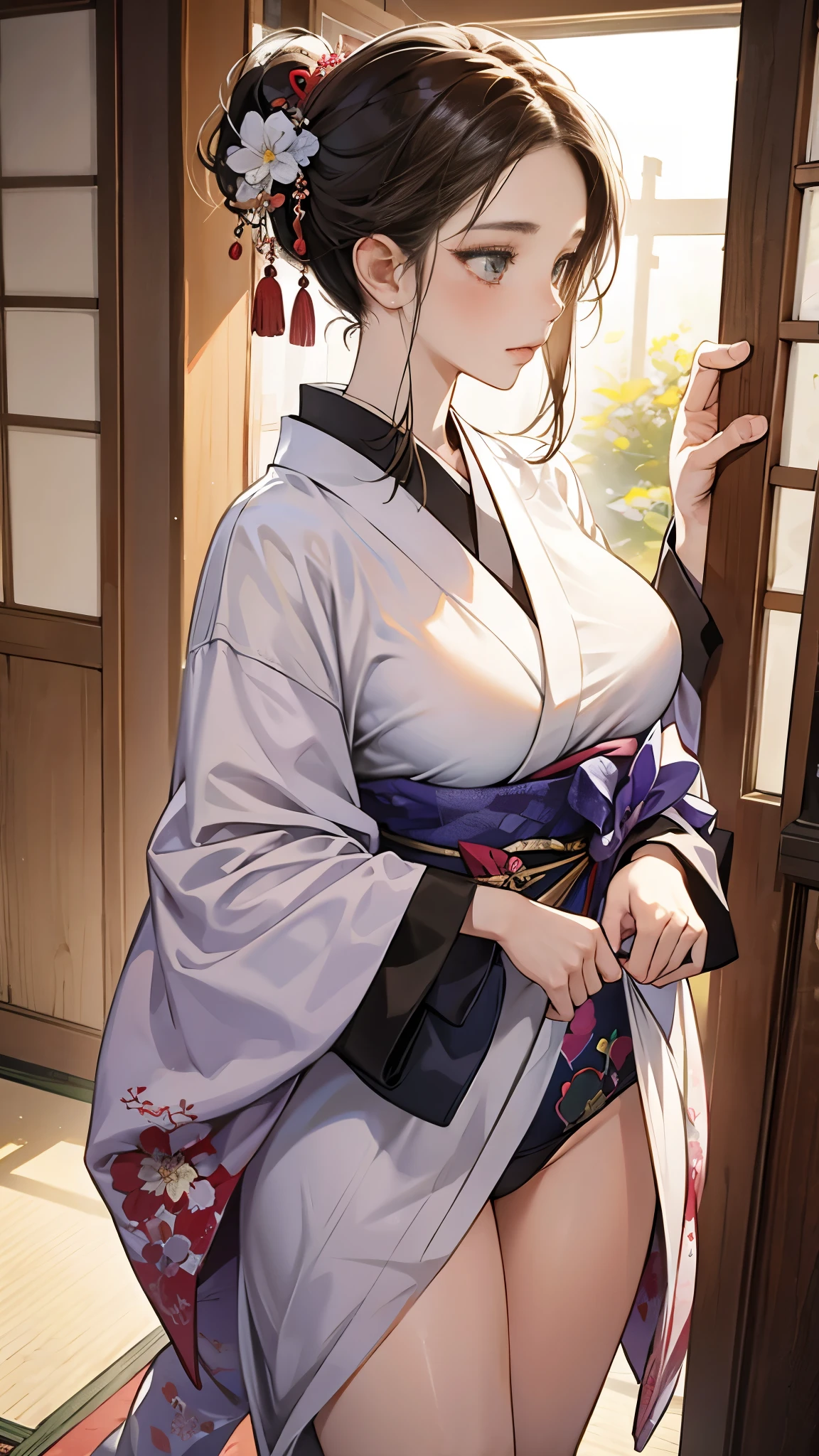 (nsfw), Big Breasts, (Explicit content) [(masterpiece: 1.1, Highest quality: 1.1), A shy high school girl wearing a traditional Japanese kimono proudly, with a delicate blush on her cheeks, emphasizes the thin, translucent fabric of her panties, revealing her ample assets. The wetness of her skin subtly adds to the allure, creating an image of sheer seduction. The kimono, adorned with intricate patterns, gently drapes over her body, allowing for a captivating view. The overall scene is a tasteful masterpiece, showcasing both the traditional beauty of Japan and the allure