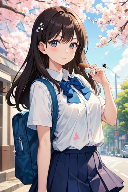 An anime girl in a school uniform walks down a sunny street on a summer day. Her uniform consists of a short-sleeved white blouse with a blue bow and a blue and white plaid skirt.. He carries a light backpack on one shoulder and in his other hand he holds a melting ice cream. Her long brown hair moves gently in the breeze., and has a happy and relaxed expression on his face. The street is lined with leafy trees that provide intermittent shade, and some flowers are in full bloom along the sidewalk. The sky is a bright, clear blue., without a cloud in sight.
