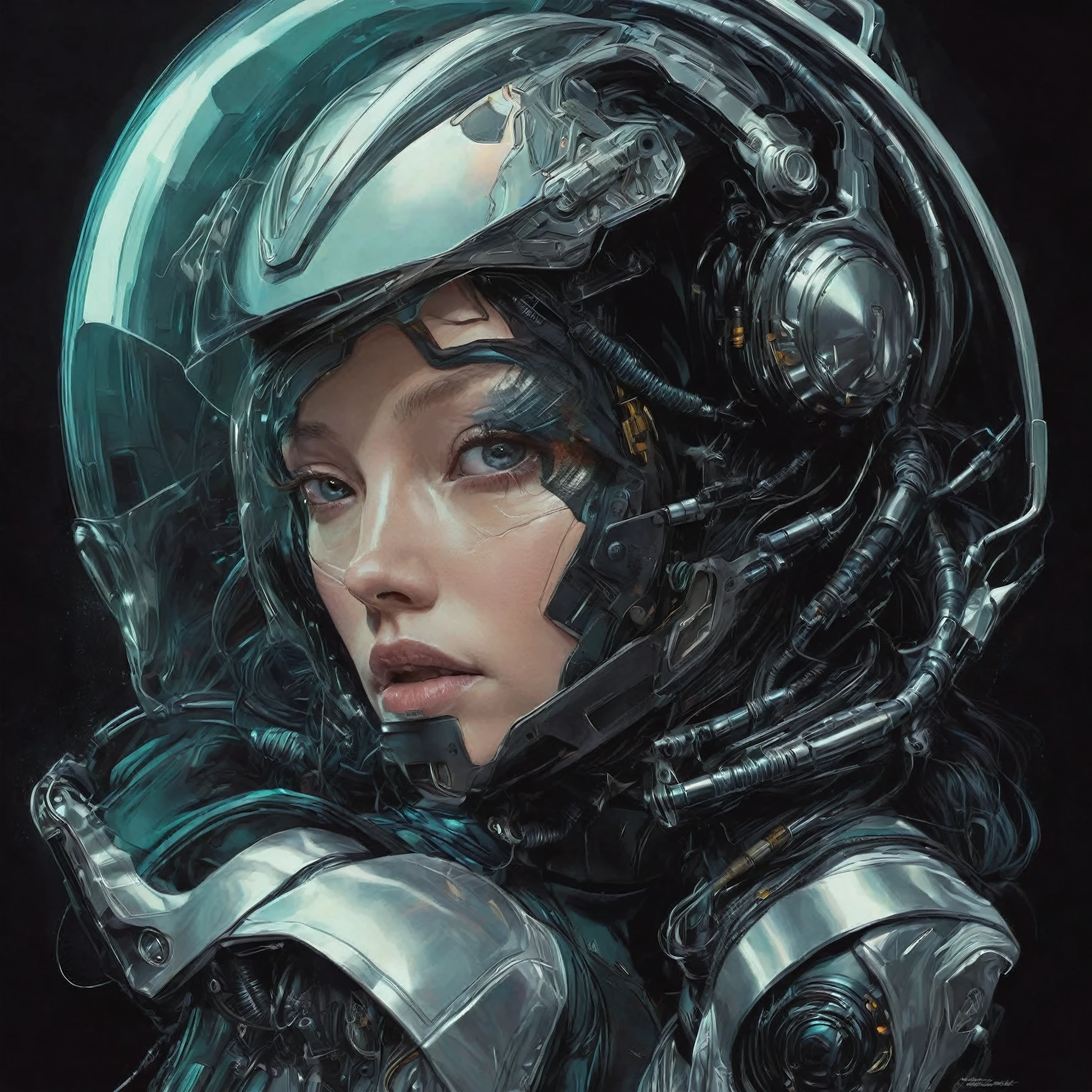 a close up of a woman wearing a helmet and a helmet, portrait of a sci - fi woman, martin ansin artwork portrait, detailed sci-fi art, alien portrait, retro sci - fi art, sci - fi illustrations, sci-fi illustrations, sci - fi art, sci-fi art, moebius + artgerm, martin ansin