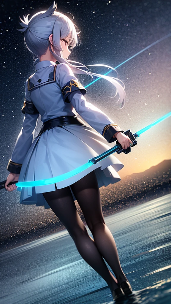 1 girl,Back view,Light gray uniform,skirt,Light blue sword,Mountain,city below,Night Sky,Moon on the top right,Shooting star in the center,A little far from the camera