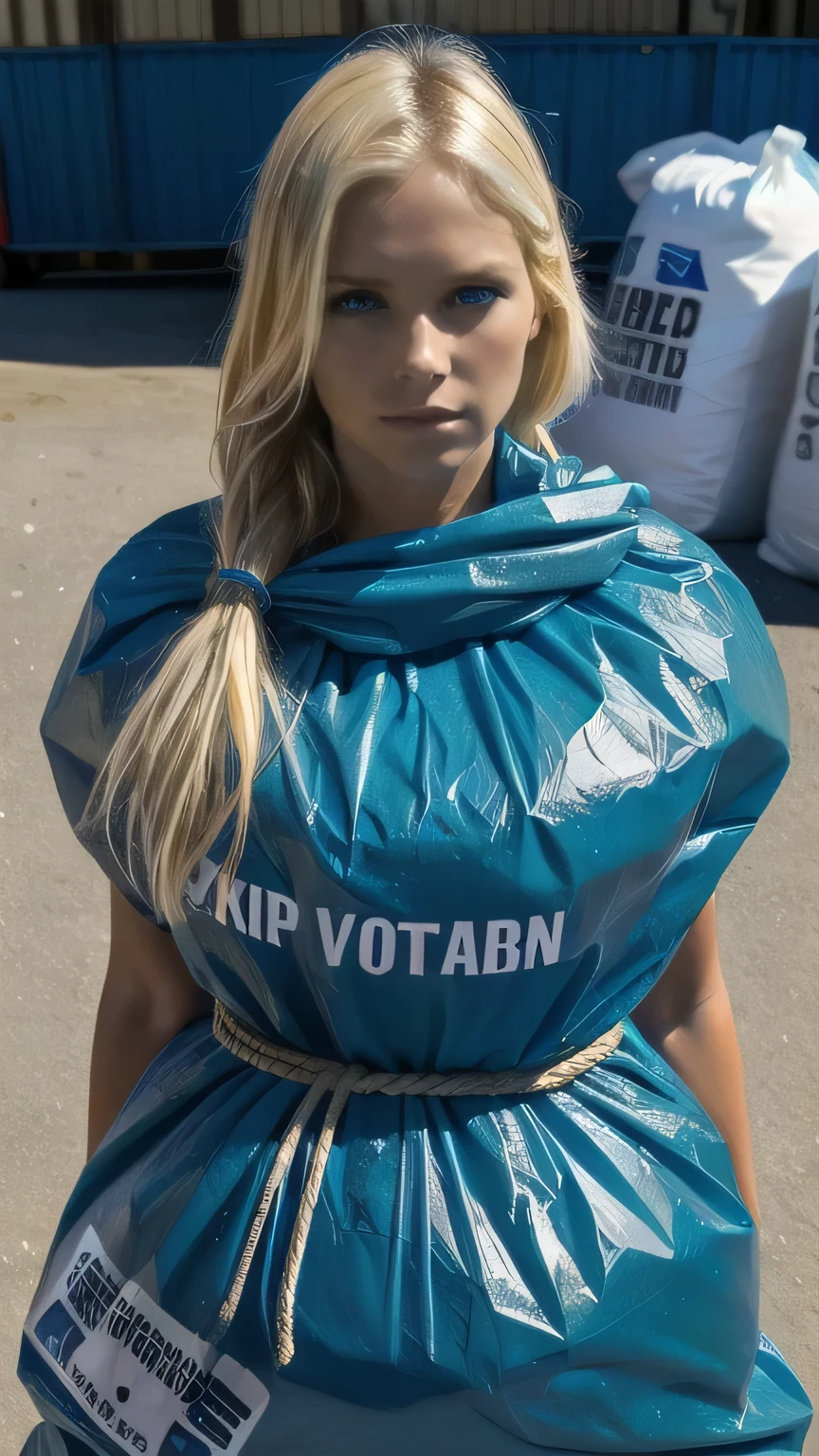 a stunningly beautiful blond woman completely wrapped up from head to toe in dsrkblue plastic garbage bags printed with the words "I AM TRASH " is tightly tied up with rope wrapped around her like a helpless human package, she is completely covered with plastic, forced against her will, bright day, extremely photorealistic photo, highly detailed photo, portrait