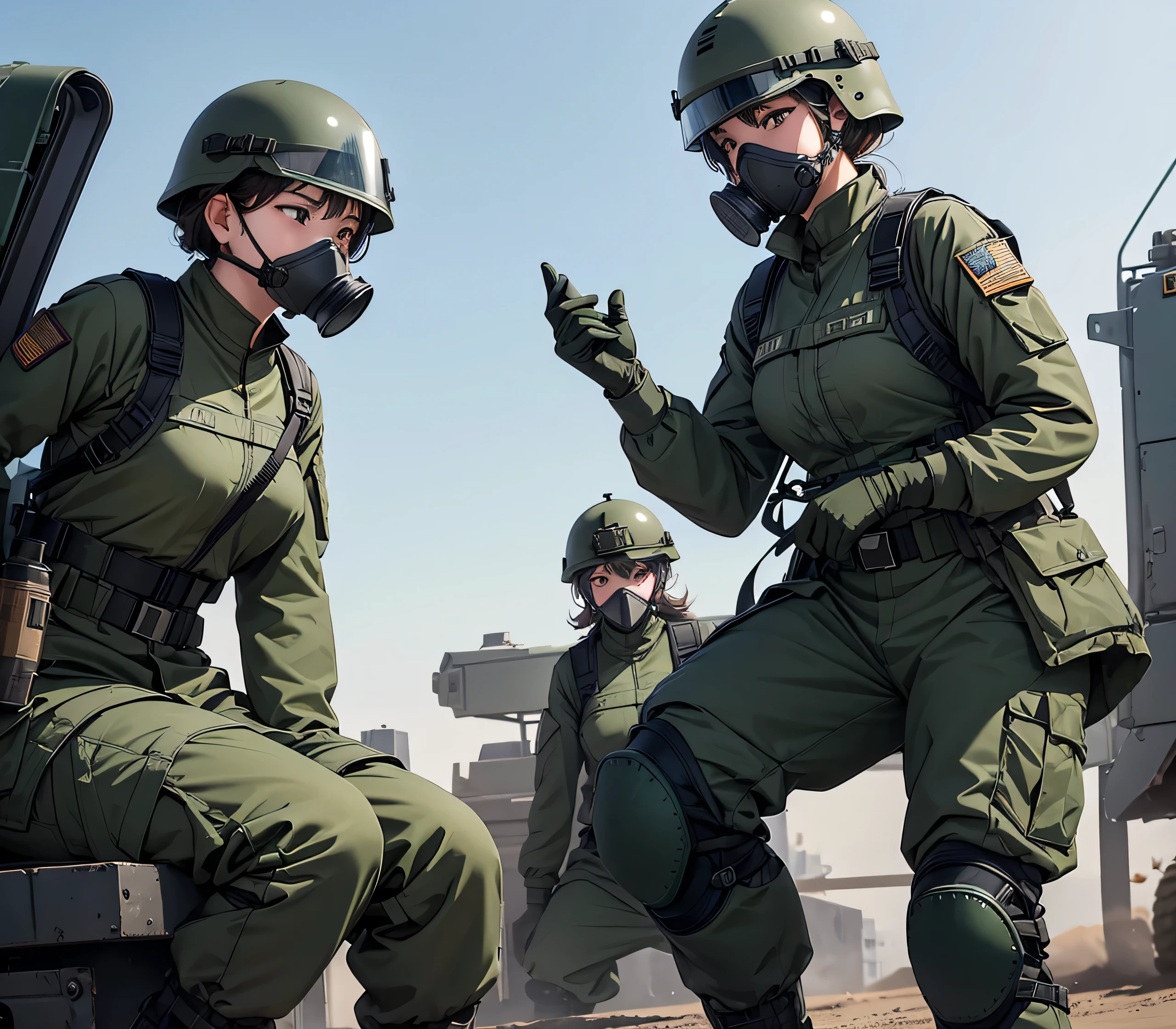 A group of female soldiers in an armored personnel carrier、All wearing dark green M-51 military uniforms、Wear a steel helmet、Wear goggles、wearing gas masks、Military Pants、Knee pads、Write details、masterpiece、best quality、Highly detailed CG、8K quality