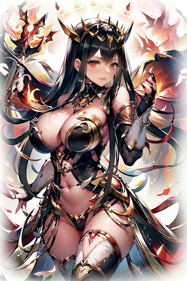 hand on own chest, hands up, black hair, bare shoulder, red eyes, very long hair, cleavage, large breasts, dress, showgirl skirt, high-leg, cleavage cutout, tiara, bare thighs, gauntlets, bare shoulder, bare nails, bare fingers, bare hands, good hands, best hands, Correctly aligned fingers, extremely detailed hands and fingers, ultra detailed hands and fingers, super detailed hands and fingers, perfect female hands and fingers, biologically accurate hands and fingers, 4 fingers and 1thumb accurate hands and fingers, beautiful hands and fingers, hands and fingers drawing, human hand and fingers, perfect arrangement of fingers, detail focus hands, perfection hands, better hands, adult face, fearless face, both arms, two arms, both hands, two hands, super fine illustration, masterpiece, masterwork, by famous artist, official art, ultra high res, best quality, high quality, Hand, detailed, perfect, perfection , hands, both hands is Thumb and index finger and middle finger and ring finger and little finger, symmetrical hands, even hands, panties, thighhighs, symmetrical bangs, gleaming skin, oil skin, shiny skin, wet skin, sweat, rouge, exquisite, beautiful,cg unity 8k wall paper, perfect face, ultra detailed beautiful face, perfect nose, perfect mouth, clear eyes, light eyes, perfect eyes, symmetrical eyes, even eyes, 16k, absurdres, perfect body, perfect anatomy, perfect proportion, perfect arms, perfect torso, betterhand, Hand, detailed, perfect, perfection, hands, 
