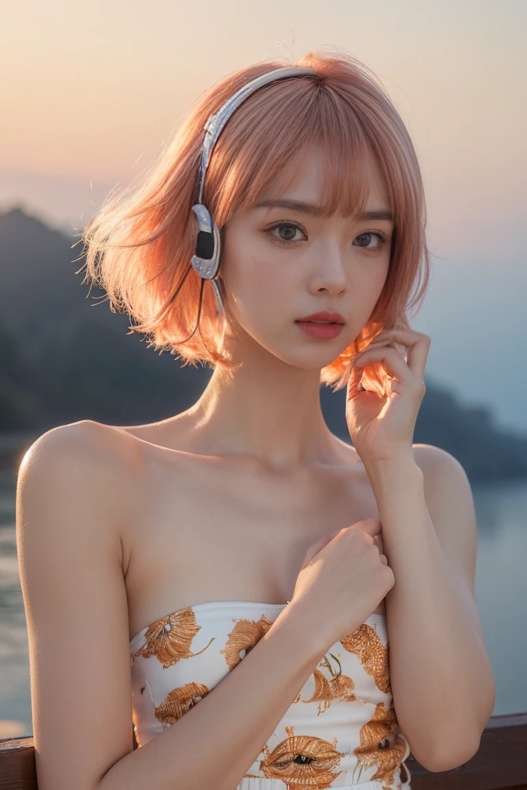Top Quality, Masterpiece, Super High Resolution, (Actual:1.3), Original Photo, (Nature Photography), (Magnificent mountaintop, Sea of clouds), (Very wide mountain top), (Sunrise), (Girl), (Upper body), (Natural Light: 1.0), (Side View: 0.0), (Cowboy Shot: 0.0), (upper body: 1.8), (Close-up: 0.8), Portrait, Cinematic Lighting, Glow, Ray tracing, reflected light, f135mm, UHD, accurate, skin texture, super detail, great detail, high quality, highest quality, 8k, (surrealism: 1.2), BREAK, (Japanese: 1.3), (22 years old: 1.0), (Small breasts: 1.6), (Long, large, slit eyes: 1.8), (Realistic eyes: 1.8), (Height at 165cm: 1.2) , (Transparent white skin: 1.2), (Short curly bright pink hair with bangs: 1.3), (Deep eyeshadow makeup: 1.4), BREAK, (Correct hand: 1.6), (Correct fingertips: 1.6), Sexy pose, (Place hand near cheek: 1.8), BREAK, (Big white headphones: 1.4), (Wearing an orange and white printed strapless dress: 1.3), BREAK,
