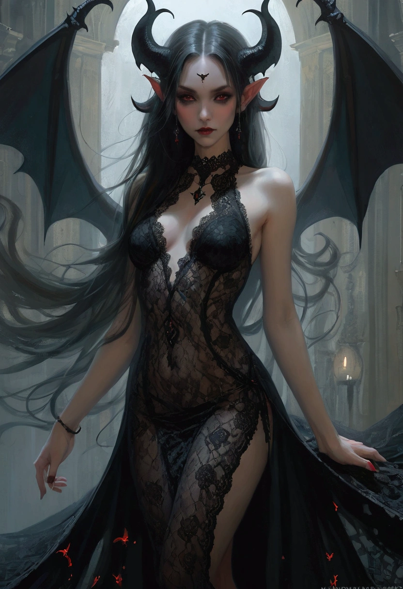 ((Intricate details)),dark fantasy style, GLOOMY AMBIANCE, (Beautiful succubus girl, Long hair), (Sexy black lace outfit), Soft colors, Clear focus, Dynamic poses,  (Ed Blinky&#39;s magnificent paintings, Artie Guerin, author：Jeremy Mann, Greg Manches),