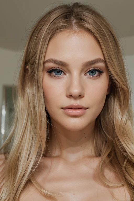 Create a model face of a blonde woman. She should have long, wavy blonde hair, fair skin with a light blush, and big blue or green eyes with thick eyelashes. Her lips should be full and slightly glossy. The face should have well-defined cheekbones, a small nose, and a smooth jawline. The expression should be a soft smile or slightly parted lips with a gentle gaze to make her look cute and sexy. Add subtle makeup emphasizing her eyes and lips. Use soft natural lighting to highlight her facial features.