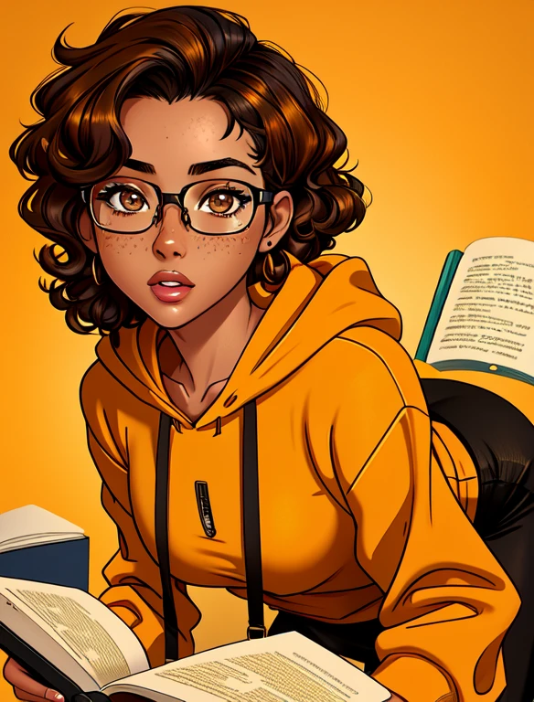 (masterpiece,best quality,absurdres,beautiful,aesthetic,detailed), (Detailed face:1.2), (Detailed eyes:1.2), 1girl, solo, 20 year old college student, ((slim, petite)) , she has tan-bronze skin with some freckles, short curly black hair with orange highlights, amber colored eyes, (Wearing: reading glasses, yellow hoodie, black pencil skirt), college background