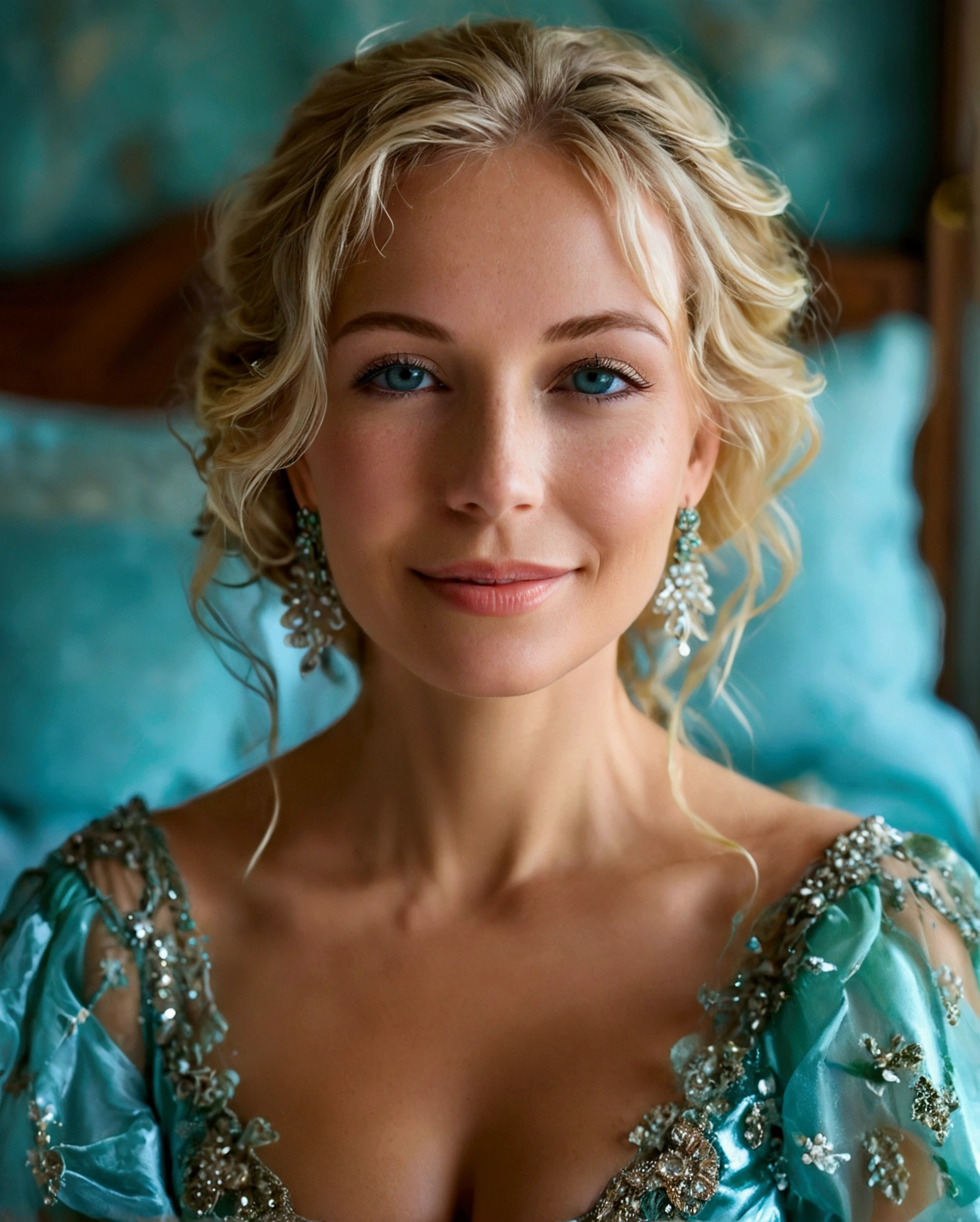 a full portrait of a beautiful blonde woman in blue dress,, in profile, in her bedroom, smiling, her hair are blonde and straight, light blue eyes, she has some wrinkles on her face, big bust, busty, big breasts, blonde women, beautiful body, with a large breasts, a gorgeous blonde, sfw huge breasts, blonde swedish woman, large breasts, blonde goddess, buxom chested, milf, sie boob, 40 years old women, blonde woman, cleavage, really large bust, big breasts!, straight blonde hair, about 3 5 years old, gilian jacob, Her sun-kissed skin is adorned with a constellation of delicate freckles, scattered lightly across her cheeks and the bridge of her nose, adding an endearing and unique charm to her visage. Soft, graceful wrinkles frame her eyes and mouth, the gentle lines telling a story of a life rich with laughter, wisdom, and experience. These subtle signs of aging enhance her beauty, blending seamlessly with her radiant and timeless allure, making her face both captivating and profoundly expressive, photorealistic, detailed, high resolution, 
Compris. Voici un prompt détaillé pour Midjourney :

A woman standing elegantly at an upscale evening party, dressed in a floor-length emerald green gown that shimmers softly under the ambient lighting. The gown features an off-the-shoulder neckline adorned with intricate beadwork and lace, with a fitted bodice and an A-line skirt that flows gracefully. Her posture is poised and confident, with her left hand holding a slender champagne flute filled with sparkling bubbles, and her right hand resting lightly on her hip. Her hair is styled in loose, cascading waves that frame her face and fall gently over her shoulders. She wears subtle, shimmering makeup with a soft, smoky eye, a hint of blush, and natural, glossy lips. Elegant, dangling earrings catch the light with every movement. The party setting is warm and inviting, with soft lighting from chandeliers, beautifully decorated tables with floral centerpieces and lit candles, and