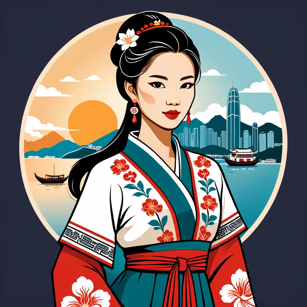 woman in hong kong folk outfit, vector graphics, strong contours, logo design
