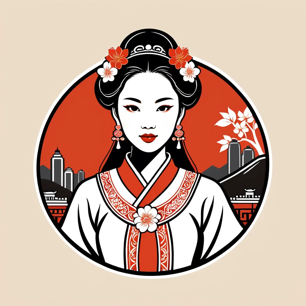 woman in hong kong folk outfit, vector graphics, strong contours, logo design
