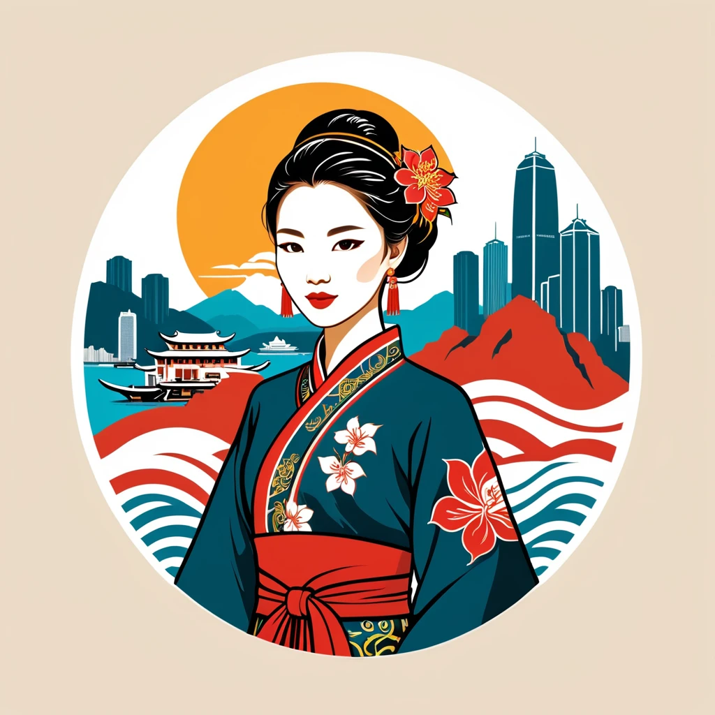 woman in hong kong folk outfit, vector graphics, strong contours, logo design
