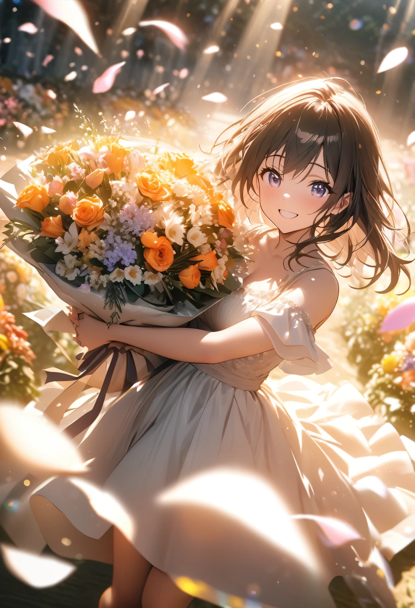 Anime, depth of field, cinematic lighting, lens flare, f/1.2, (Masterpiece: 1.2), (high resolution), flower garden, girl with a bouquet, smile of joy, dancing petals, light effects, emotion photo, full of kindness, (bouquet for you), masterpiece, highest quality, highly detailed CG Unity 8k wallpaper,