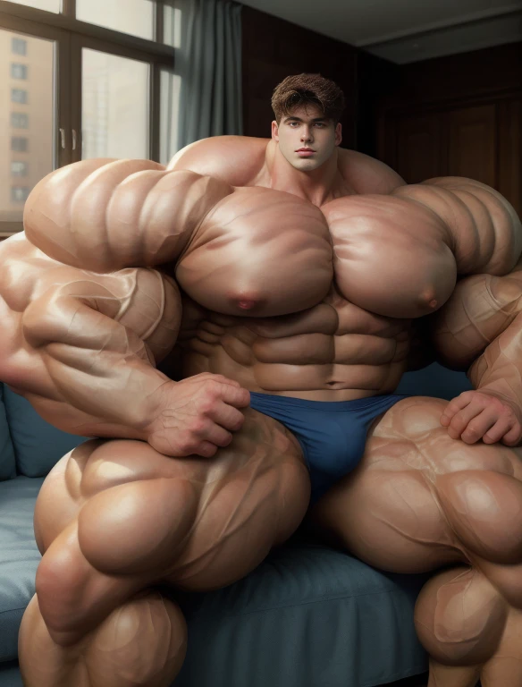 1boy, giant, giant bodybuilder, stand, warm light, strong body, bulk, large size, staring, sitting on couch in the dorm room, open legs, nude, navy triangular underwear, prominent bulge, extraordinary big, brutalmass, giant, muscular body, bulk, buff, massive body, large meaty body size, extremely wide body