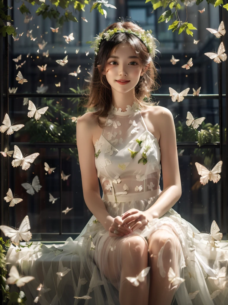 (A beautiful and sunny girl:1.2),(black hair:1.1),Wearing a white wedding dress,(wreath:1.2),Happiness,Smile,Vitality,
white butterfly,(fresh green plants:1.1),gentle sunshine,(masterpiece:1,2), best quality, masterpiece, highres, original, extremely detailed wallpaper, perfect lighting,(extremely detailed CG:1.2ï¼