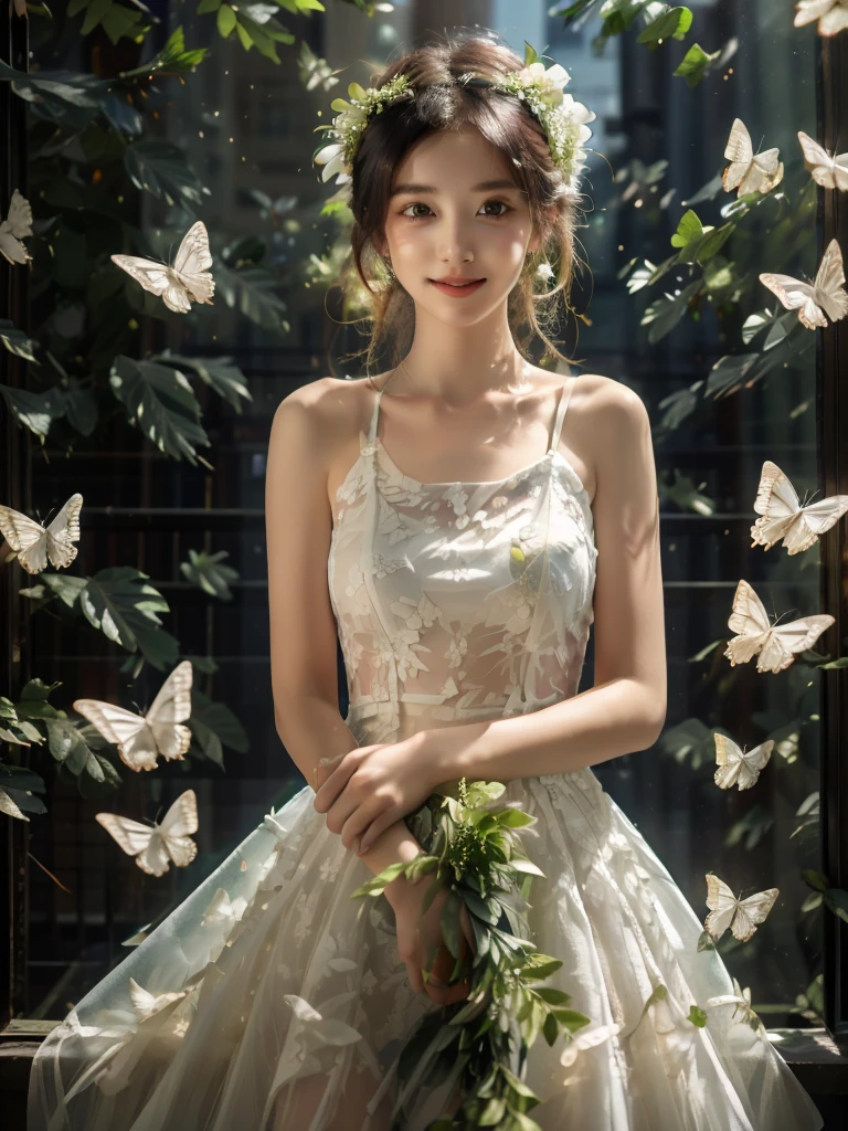 (A beautiful and sunny girl:1.2),(black hair:1.1),Wearing a white wedding dress,(wreath:1.2),Happiness,Smile,Vitality,
white butterfly,(fresh green plants:1.1),gentle sunshine,(masterpiece:1,2), best quality, masterpiece, highres, original, extremely detailed wallpaper, perfect lighting,(extremely detailed CG:1.2ï¼