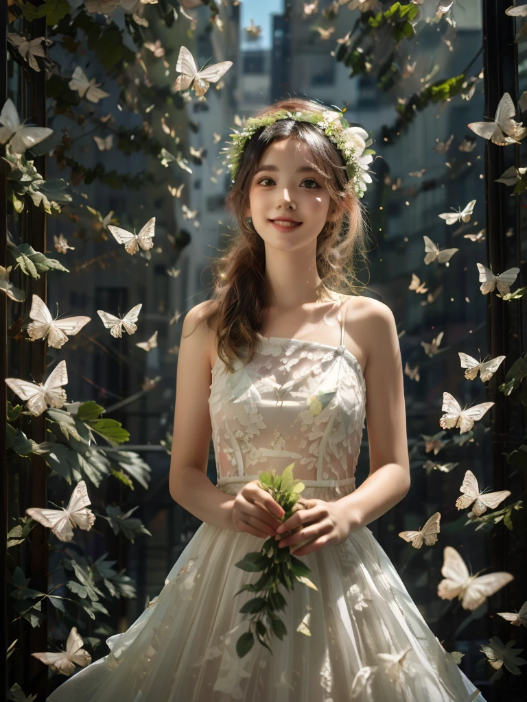 (A beautiful and sunny girl:1.2),(black hair:1.1),Wearing a white wedding dress,(wreath:1.2),Happiness,Smile,Vitality,
white butterfly,(fresh green plants:1.1),gentle sunshine,(masterpiece:1,2), best quality, masterpiece, highres, original, extremely detailed wallpaper, perfect lighting,(extremely detailed CG:1.2ï¼