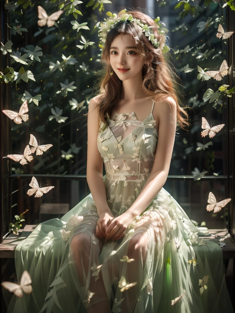 (A beautiful and sunny girl:1.2),(black hair:1.1),Wearing a white wedding dress,(wreath:1.2),Happiness,Smile,Vitality,
white butterfly,(fresh green plants:1.1),gentle sunshine,(masterpiece:1,2), best quality, masterpiece, highres, original, extremely detailed wallpaper, perfect lighting,(extremely detailed CG:1.2ï¼