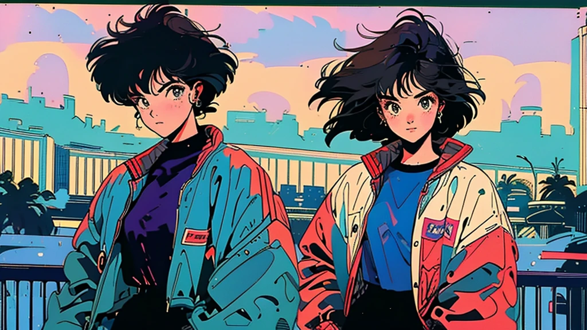 best quality, 8k, 1990s style,2010s hairstyles, 21 year old girl, black hair, bob hair, light brown eyes, city pop, wide pants , girl standing alone in the city, whole body, The background is Tokyo at night