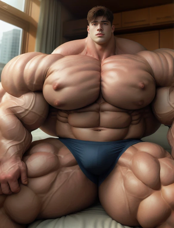 1boy, giant, giant bodybuilder, stand, warm light, strong body, bulk, large size, staring, sitting on couch in the plush dorm room, open legs, nude, navy triangular underwear, prominent bulge, extraordinary big, brutalmass, giant, muscular body, bulk, buff, massive body, large meaty body size, extremely wide body
