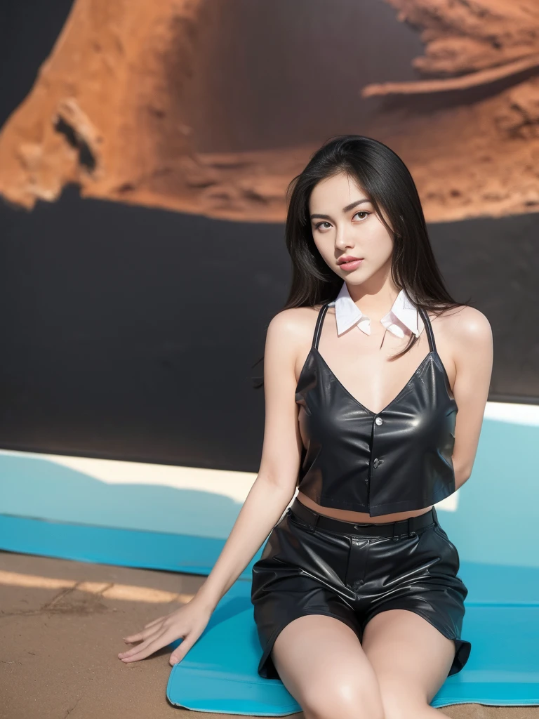 1girl, solo, (uniform), sitting at the sand, at the beach,  beautifully ocean scenery, cute straight face, thick breasts, perfect realistic skin, black  latex tanktop, black latex hot pants, looking at the audience, low angle shot, (zoom out: 1.5), (8k, RAW photo, best quality, masterpiece: 1.2), (realistic, realistic: 1.37), ultra-high resolution