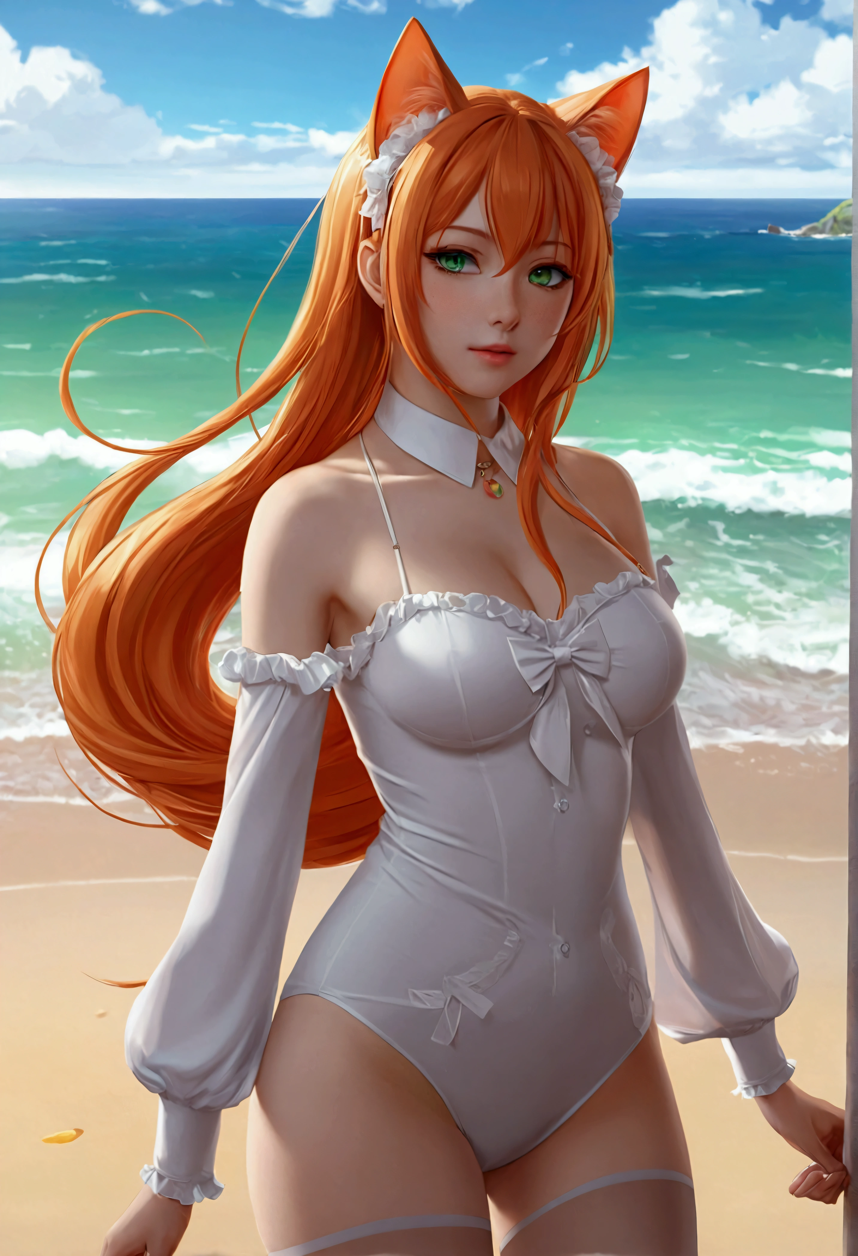 anime girl with long orange hair standing on beach near ocean, green eyes detailed digital anime art, cat ears, , anime girl with long hair, smooth anime cg art, anime girl with long hair, average breast size, digital anime art, artwork in the style of guweiz, beautiful anime portrait, photorealistic anime girl render, beautiful anime girl, advanced digital anime art, pantyhose, guweiz on artstation pixiv upscale HD UHD HQ
