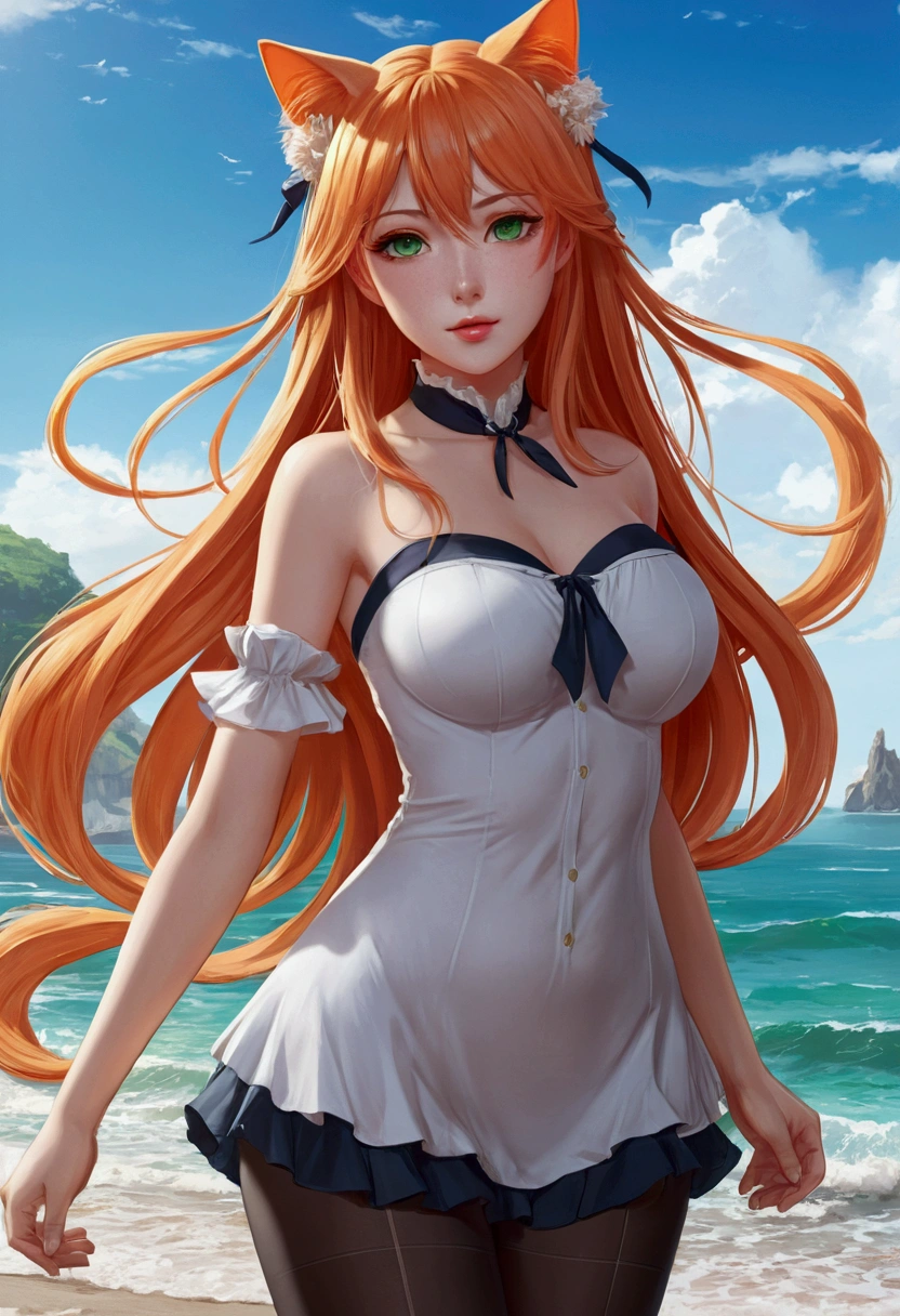 anime girl with long orange hair standing on beach near ocean, green eyes detailed digital anime art, cat ears, , anime girl with long hair, smooth anime cg art, anime girl with long hair, average breast size, digital anime art, artwork in the style of guweiz, beautiful anime portrait, photorealistic anime girl render, beautiful anime girl, advanced digital anime art, pantyhose, guweiz on artstation pixiv upscale HD UHD HQ