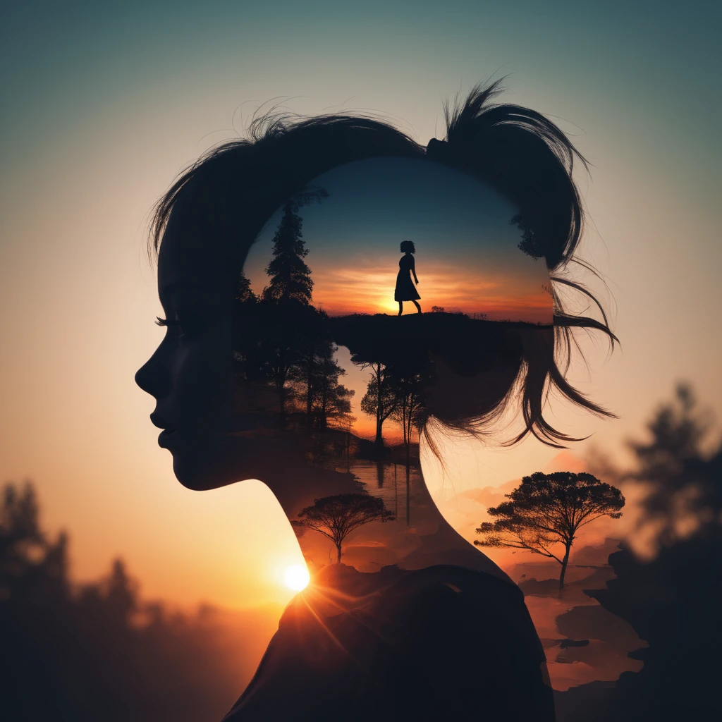 1girl silhouette art, multiple exposure, Sunset, improve, complex, (best quality, masterpiece, representative work, official art, professional, unified 8k wallpaper:1.3)
