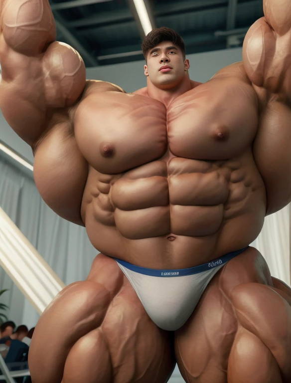 1boy, chinese, giant bodybuilder, stand, illuminating light, strong body, bulk, large size, staring, standing, armpit, at the white photo studio, nude, navy triangular underwear, prominent bulge, extraordinary big, brutalmass, giant, muscular body, bulk, buff, massive body, large meaty body size, extremely wide body