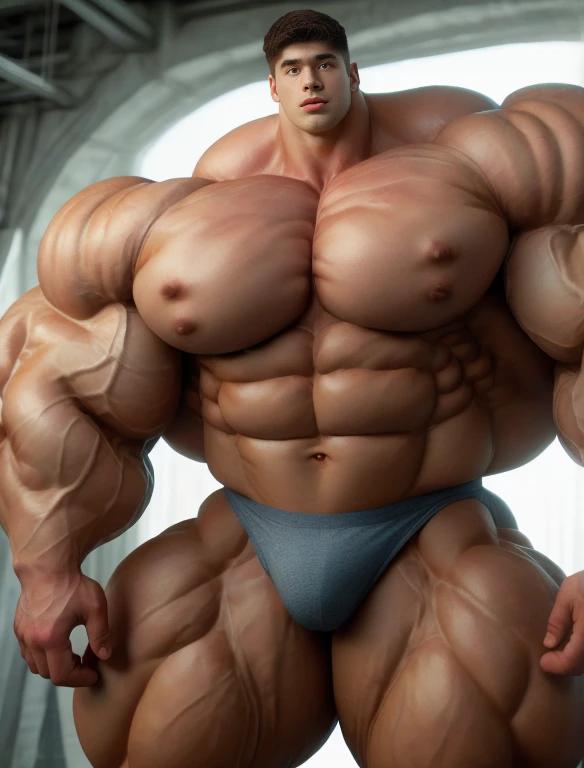 1boy, chinese, giant bodybuilder, stand, illuminating light, strong body, bulk, large size, staring, standing, armpit, at the white photo studio, nude, navy triangular underwear, prominent bulge, extraordinary big, brutalmass, giant, muscular body, bulk, buff, massive body, large meaty body size, extremely wide body