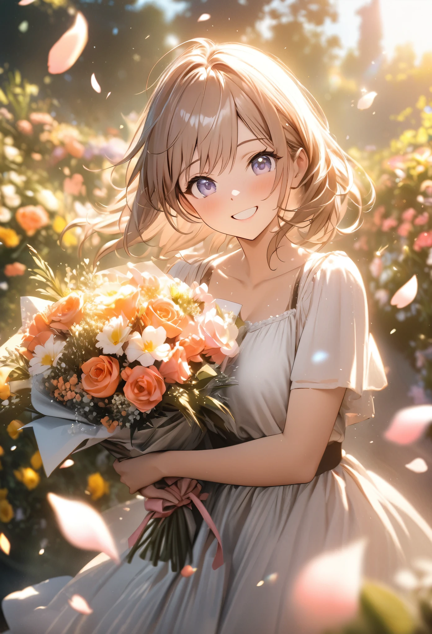 Anime, depth of field, cinematic lighting, lens flare, f/1.2, (Masterpiece: 1.2), (high resolution), flower garden, girl with a bouquet, smile of joy, dancing petals, light effects, emotion photo, full of kindness, (bouquet for you), masterpiece, highest quality, highly detailed CG Unity 8k wallpaper,