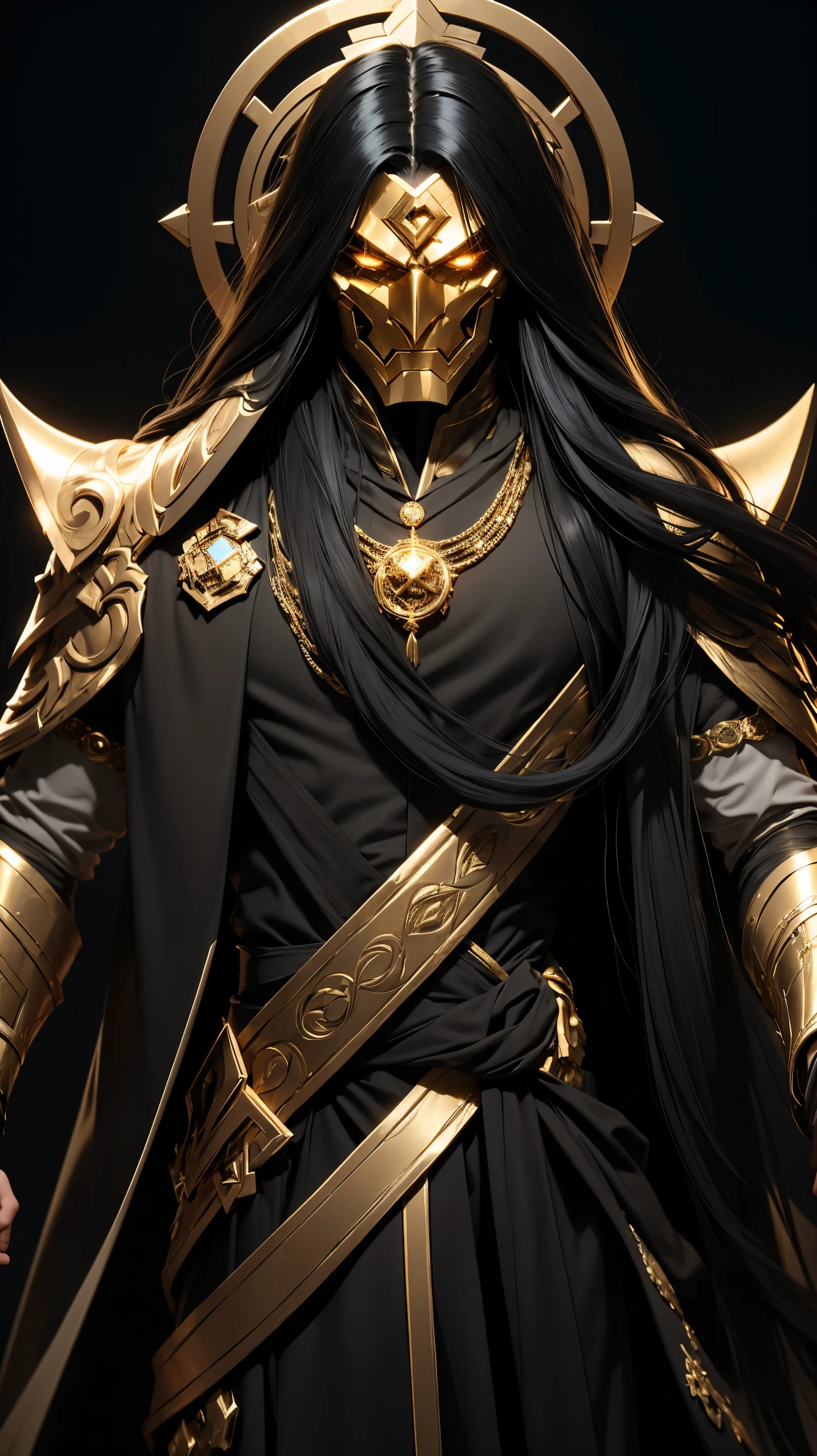 A man with long black hair wearing a golden mask wearing a white scientist's coat with gold details from the mysterious 8k supervillain.