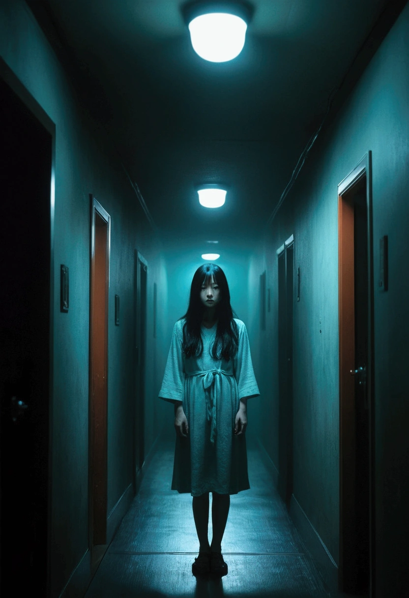 sadako、malice、translucent、Distorting space、In the liminal space of a dark hallway nightmare、dynamic lighting、photorealistic、trend at the art station、Stunning images、fog、creative、cinematographic、Super detailed、atmospheric、Ambient lighting、scary art、low quality、heavy film grain、low saturation、Orange Teal Hue