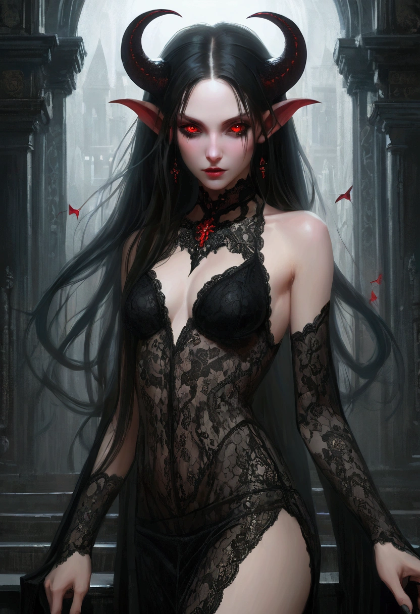 ((Intricate details)),dark fantasy style, GLOOMY AMBIANCE, (Beautiful succubus girl, Long hair), (Beautiful symmetrical red eyes), (Sexy black lace outfit), Soft colors, Clear focus, Dynamic poses, (Ed Blinky's magnificent paintings, Artie Guerin, author:Jeremy Mann, Greg Manches),