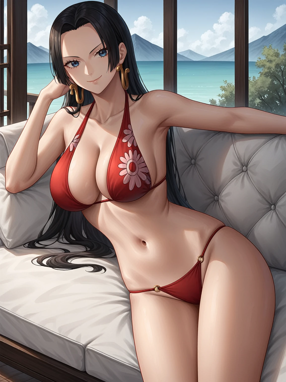 source_anime,score_9,score_8_up, score_7_up, 1girl,solo,outdoors,one piece, boa hancock, couch, indoors, seductive, face closeup, ((closed mouth)), smirk, thighs, long shot, balcony, mountain background, fancy, white couch, laying, leaning, fronr view, red underwear, red panties with rope outline, fur bikini