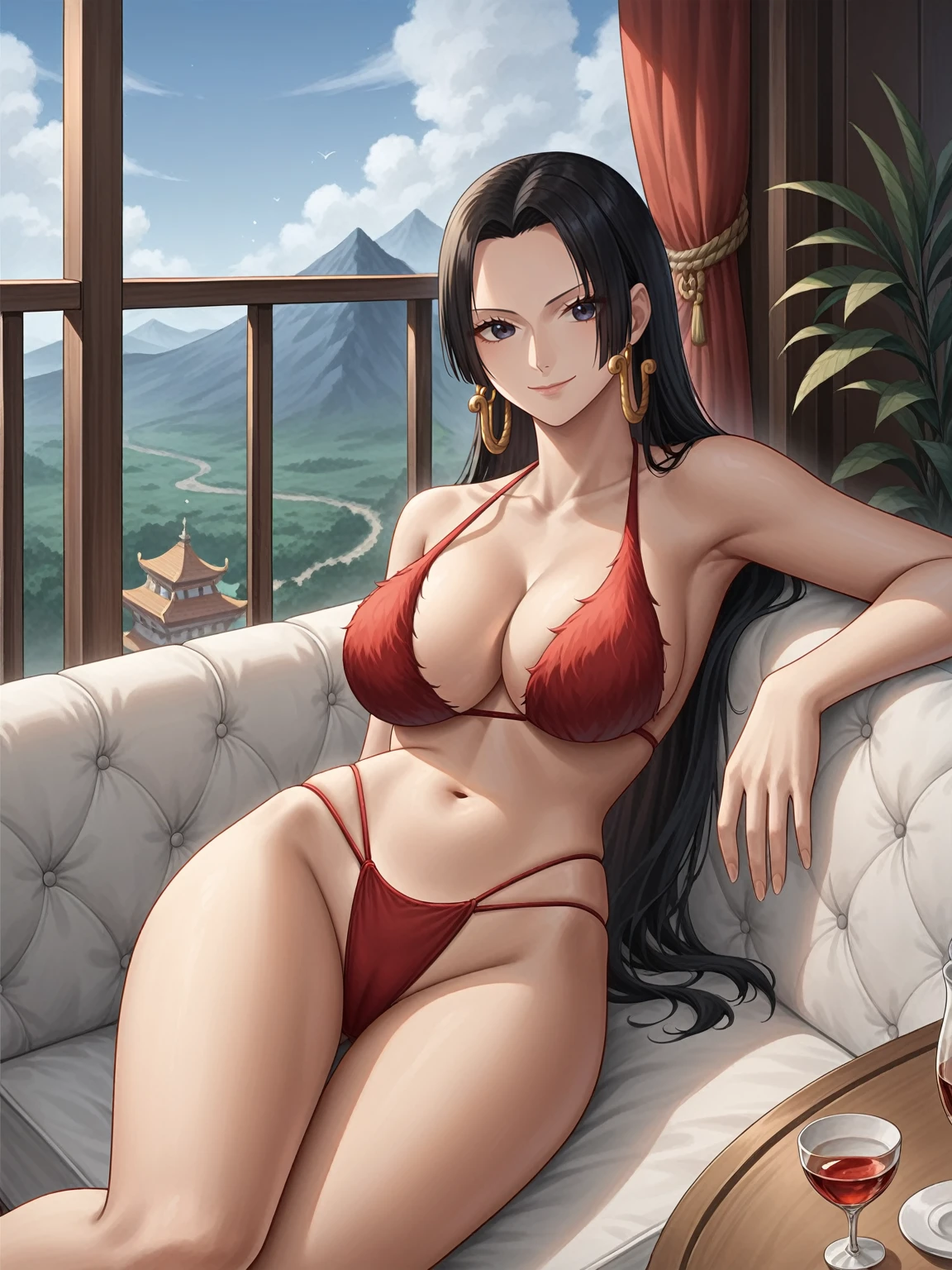 source_anime,score_9,score_8_up, score_7_up, 1girl,solo,outdoors,one piece, boa hancock, couch, indoors, seductive, face closeup, ((closed mouth)), smirk, thighs, long shot, balcony, mountain background, fancy, white couch, laying, leaning, fronr view, red underwear, red panties with rope outline, fur bikini