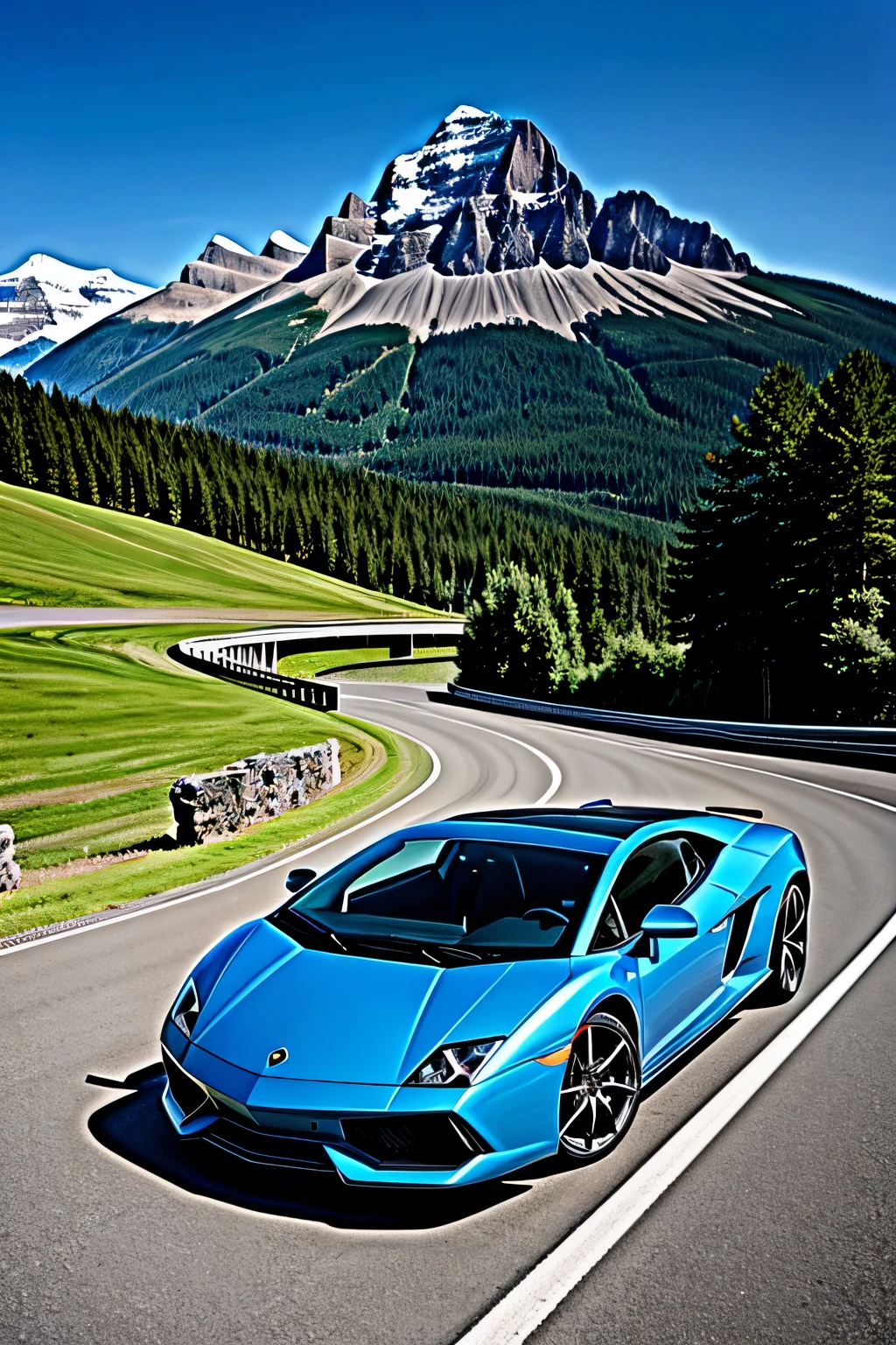 Lamborghini Gallardo, elegantly positioned against the backdrop of a majestic mountain, the car's sleek and glossy body gleaming under the cinematic light. The scene is bathed in a soft sidelighting, casting intricate shadows that accentuate the Gallardo's sculpted curves. The ultra-detailed image, captured in RAW style, showcases the car's flawless finish and exquisite craftsmanship in the highest resolution. The mountain in the background, draped in the hues of twilight, adds a serene and awe-inspiring contrast to the powerful engine beneath the hood.