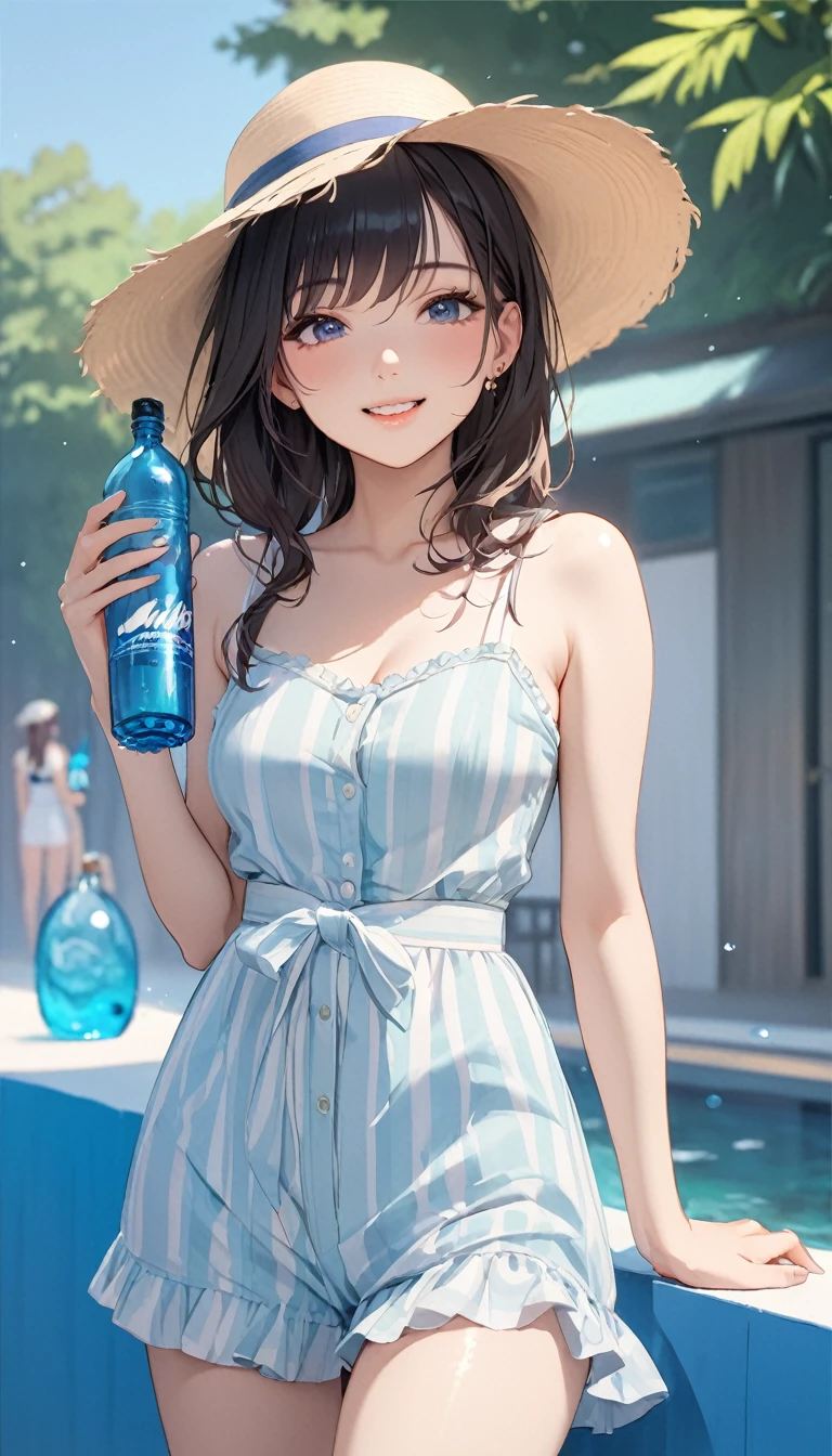 (masterpiece:1.5),(Beat quality),(high res),1girl solo,beautiful face,smile,Cute summer clothes women,Blue plastic bottle