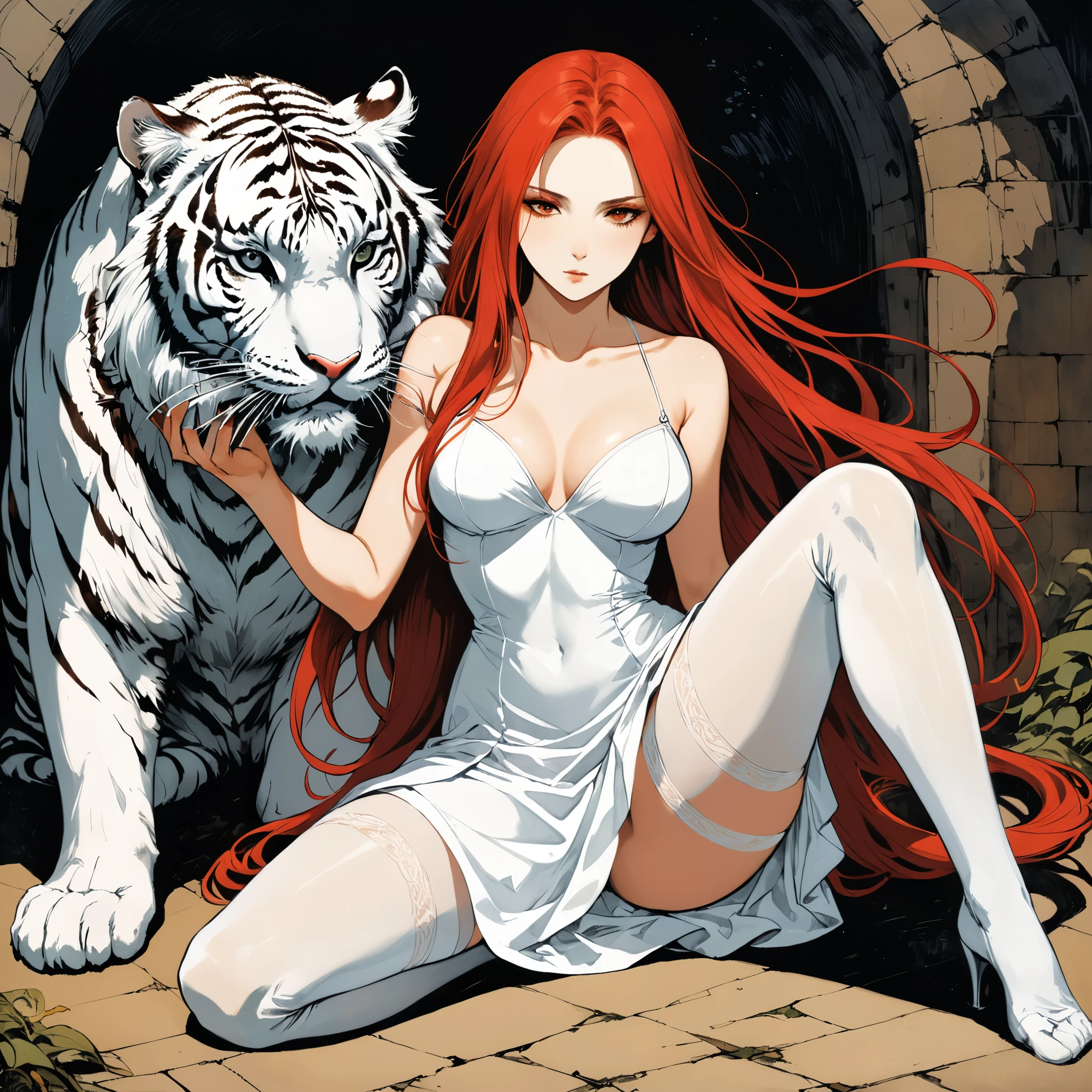 in style of Santiago Caruso,in style of Albert Pinkham Ryder,in style of Arthur Wardle
BREAK
1 girl,{a huge white tiger stand behind:1.7},the tiger's face on the girl's shoulder,character concept design,{devil girl:2.7},long_skirt,incredibly long red hair,sitting posture,leaning,lend 1 legs,1 hand on the lower jaw,hands supporting the body,silk stockings
BREAK
gravure_pose,{top view:2.8},{from above:2}