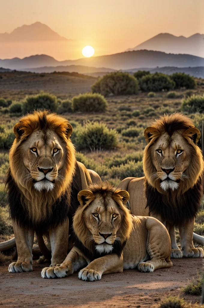 Une photographie d'une famille de lions dans un style réaliste, avec une lumière douce du soir. Le lion, avec une crinière dorée, regarde fixement l'objectif. La lionne, plus discrète, caresse tendrement le lionceau. En arrière-plan, une montagne enneigée au sommet éclairé par les derniers rayons du soleil crée un contraste saisissant avec la savane dorée. Les couleurs sont chaudes et douces, avec des tons de ocre, de brun et de blanc. L'ambiance est paisible et majestueuse
