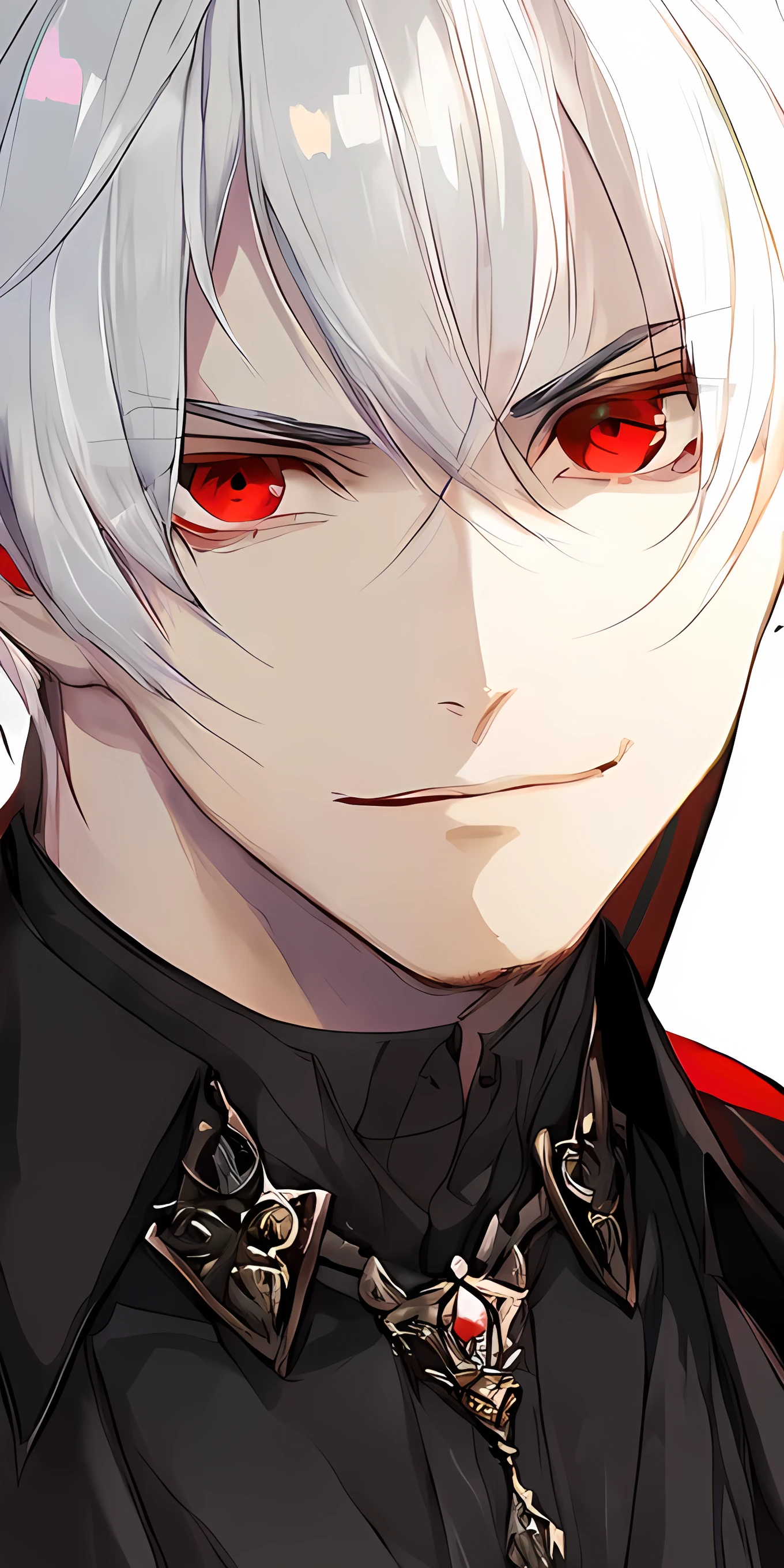 (Best Quality, Ultra-Detailed, Best Shadow), (Detailed Background, Dark Fantasy), (Beautiful Detailed Face), (Beautiful Eyes, Detailed Eyes, Sharp Eyes), high contrast, (best illumination, an extremely delicate and beautiful), ((cinematic light)), colorful, hyper detail, dramatic light, intricate details, (1boy, white hair, sharp face, red eyes, serious_look, serious_face, smile, malicious_smile), (detailed clothes), dress, (white suit, black shirt under suit)