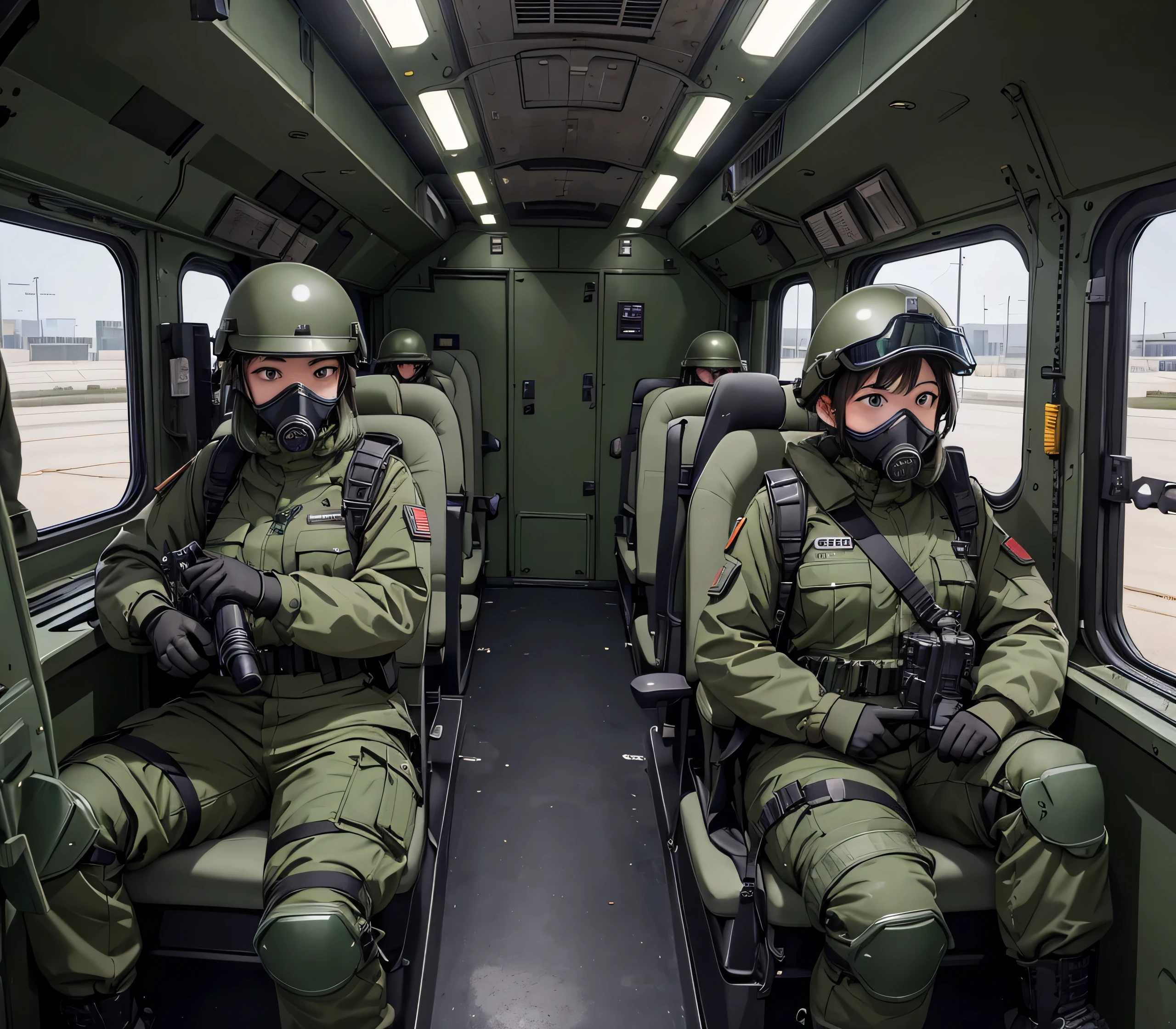 A group of female soldiers in a transport vehicle、All wearing dark green M-51 military uniforms、Wear a steel helmet、Wear goggles、wearing gas masks、Military Pants、Knee pads、Write details、masterpiece、best quality、Highly detailed CG、8K quality