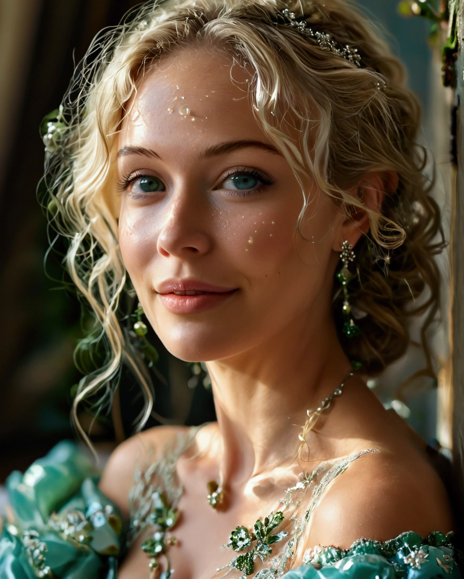 a full portrait of a beautiful blonde woman in blue dress,, in profile, in her bedroom, smiling, her hair are blonde and straight, light blue eyes, she has some wrinkles on her face, big bust, busty, big breasts, blonde women, beautiful body, with a large breasts, a gorgeous blonde, sfw huge breasts, blonde swedish woman, large breasts, blonde goddess, buxom chested, milf, sie boob, 40 years old women, blonde woman, cleavage, really large bust, big breasts!, straight blonde hair, about 3 5 years old, gilian jacob, Her sun-kissed skin is adorned with a constellation of delicate freckles, scattered lightly across her cheeks and the bridge of her nose, adding an endearing and unique charm to her visage. Soft, graceful wrinkles frame her eyes and mouth, the gentle lines telling a story of a life rich with laughter, wisdom, and experience. These subtle signs of aging enhance her beauty, blending seamlessly with her radiant and timeless allure, making her face both captivating and profoundly expressive, photorealistic, detailed, high resolution, standing elegantly at an upscale evening party, dressed in a floor-length emerald green gown that shimmers softly under the ambient lighting. The gown features an off-the-shoulder neckline adorned with intricate beadwork and lace, with a fitted bodice and an A-line skirt that flows gracefully. Her posture is poised and confident, with her left hand holding a slender champagne flute filled with sparkling bubbles, and her right hand resting lightly on her hip. Her hair is styled in loose, cascading waves that frame her face and fall gently over her shoulders. She wears subtle, shimmering makeup with a soft, smoky eye, a hint of blush, and natural, glossy lips. Elegant, dangling earrings catch the light with every movement. The party setting is warm and inviting, with soft lighting from chandeliers, beautifully decorated tables with floral centerpieces and lit candles, and