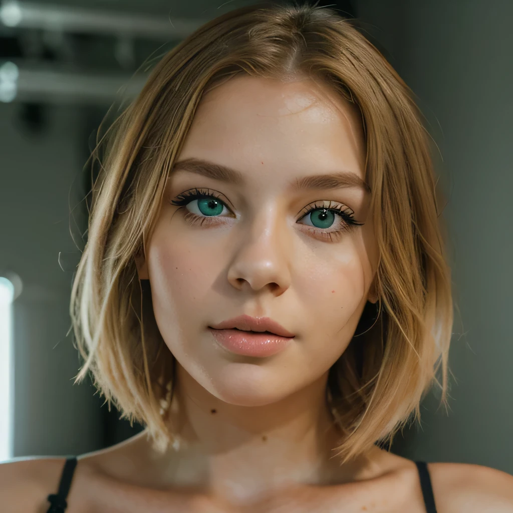 Young woman, (Cute:1.2), 25 years, looks straight into the camera, full face, face close up, super realism, Hyper Realism, real photo, (beautiful expressive green eyes:1.1), accurate nose, blonde, fashionable bob, European appearance, studio light, (enlarged lips:1.2)
