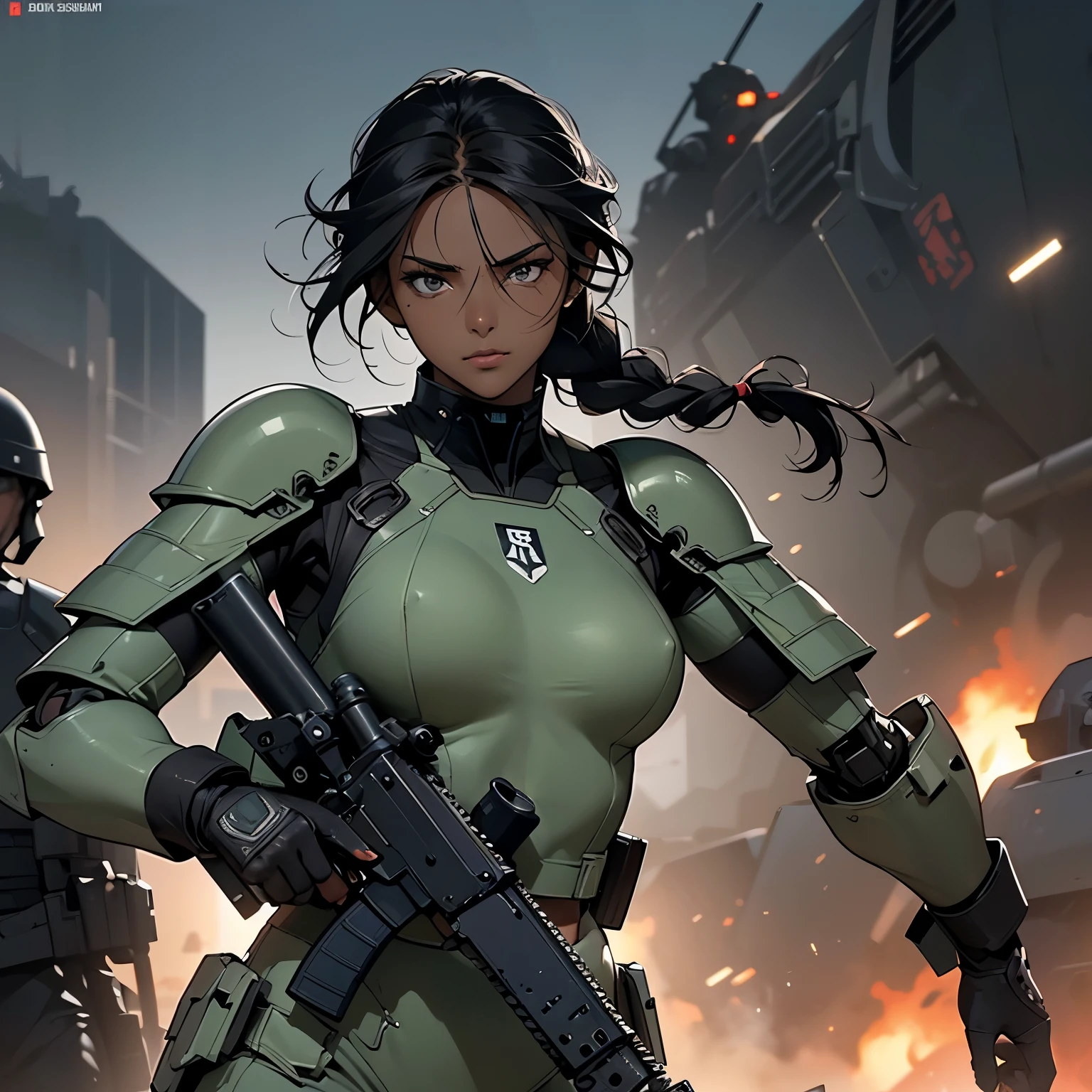 nsfw, anime screencap, 16K, perfect anatomy proportion body, perfect hands, action, A dynamic composition with a sense of speed and movement, (Hold an assault rifle:1.6), a wife, 40age, perfect beautiful delicate sexy face, perfect beautiful delicate eyes, braid-in-braid black hair, (dark skin:1.6), huge breasts, abs, Camouflage-colored heavy armored steam engine full armor powered suit, Many heavily armored robot soldiers are engaged in a firefight in the background., Flying bullets, Ruined ancient city, war, Post-apocalyptic,