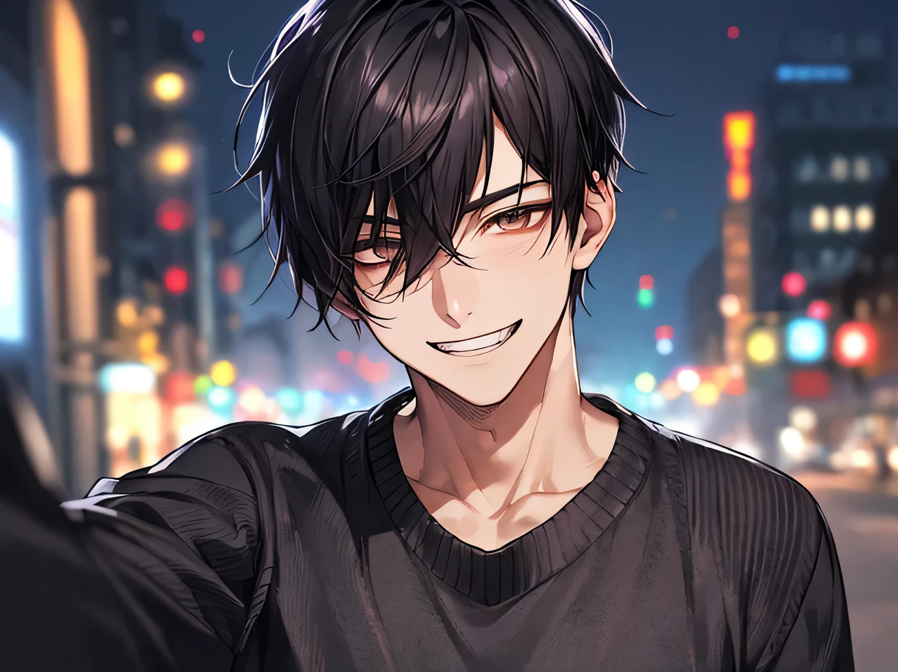 Working Adults.,male,good looking,Cool vibe,I,Black-haired,mash,Dark mood(Masseter region,Viewer Perspective,Upper Body,Face close-up,Excited,Wicked Smile,Yandere atmosphere,,Night atmosphere,sweater,,In town